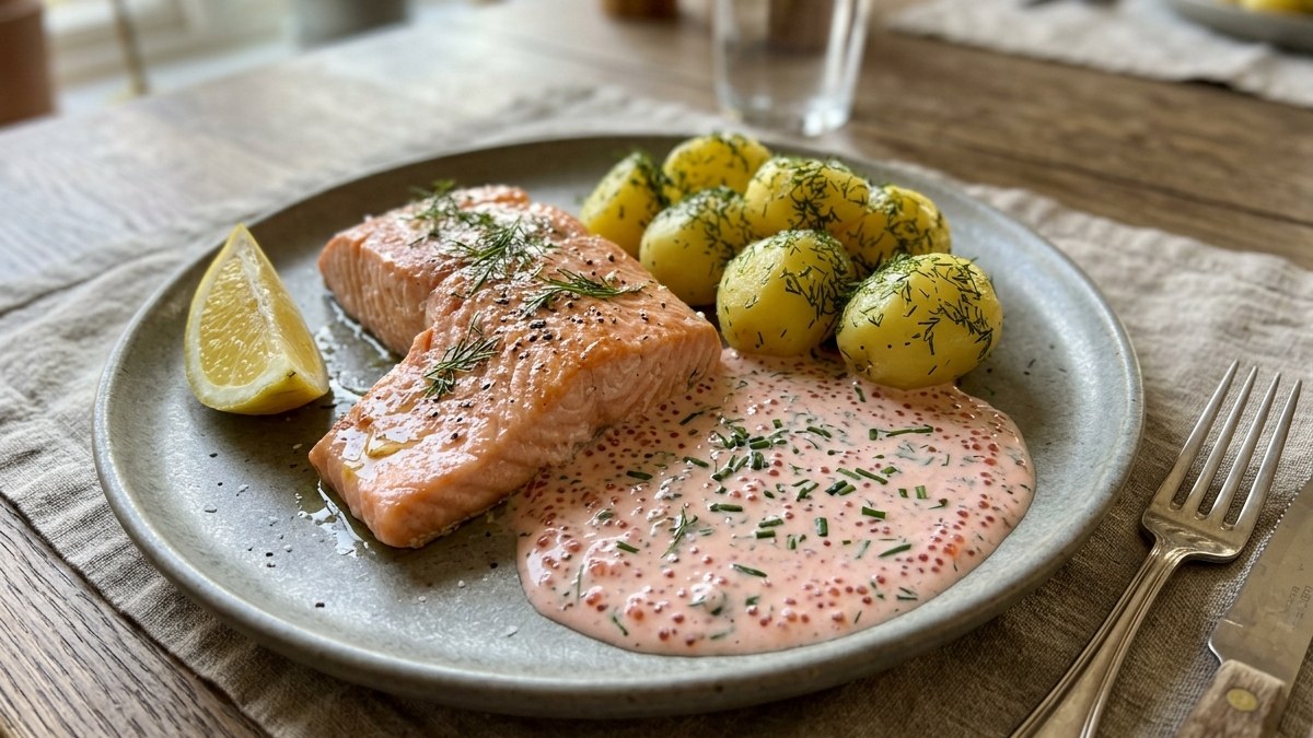 Ugnsbakad lax med romsås och dillpotatis