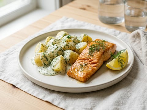 Krämig dillstuvad potatis med varmrökt lax och citron