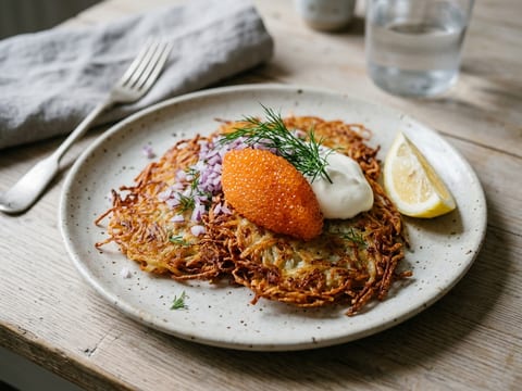 Frasiga rårakor med löjrom, gräddfil och rödlök