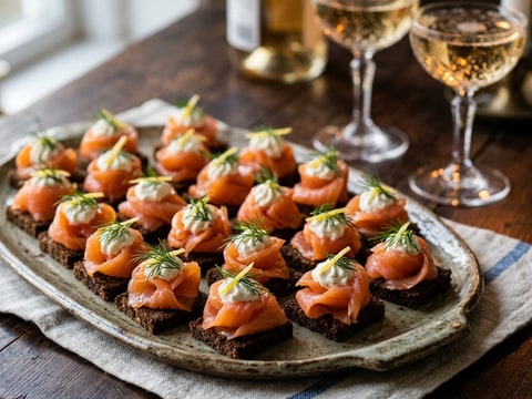 Kallrökta laxsnittar med pepparrot och färskost