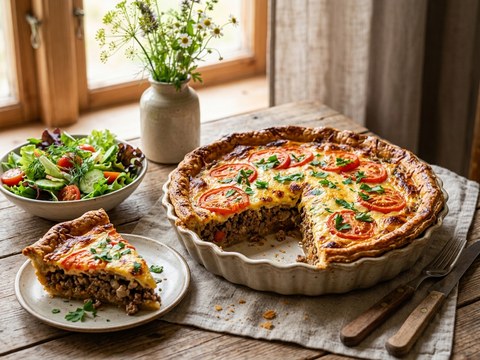 Klassisk köttfärspaj med ost och tomat