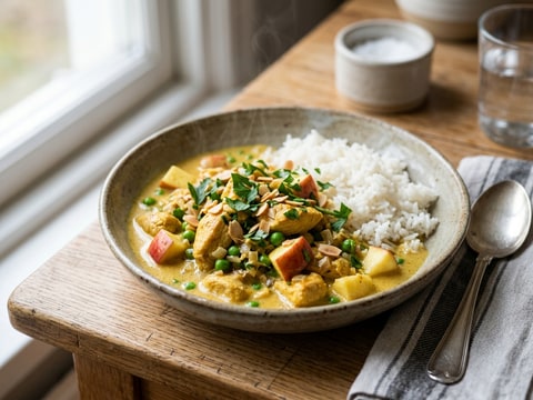 Klassisk kycklingcurry med ris och äpple