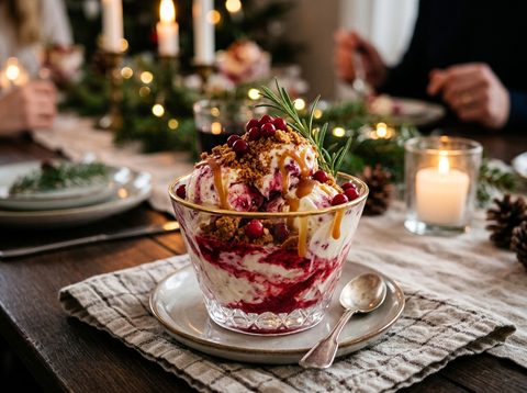 Klassisk lingonparfait med krispiga pepparkakssmulor och varm kolasås