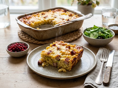 Klassisk makaronipudding med rimmat fläsk och purjolök