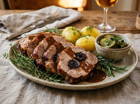 Klassisk plommonspäckad fläskkarré med gräddsås och pressgurka
