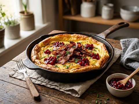 Klassisk skånsk äggakaka med stekt rimmat sidfläsk och rårörda lingon