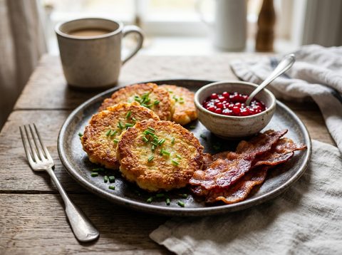 Klassiska frasiga potatisbullar med bacon och rårörda lingon