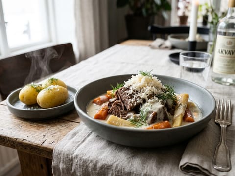 Klassiskt pepparrotskött på högrev med kokt potatis