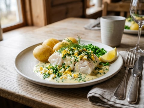 Kokt torsk med äggsås och kokt potatis