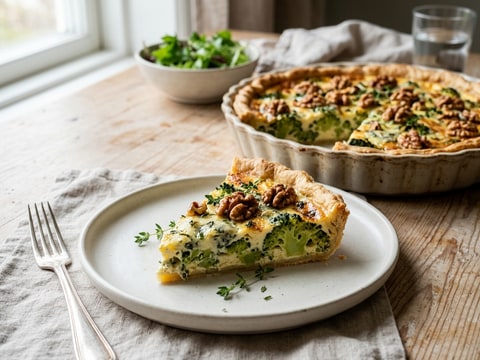 Krämig broccolipaj med ädelost och valnötter