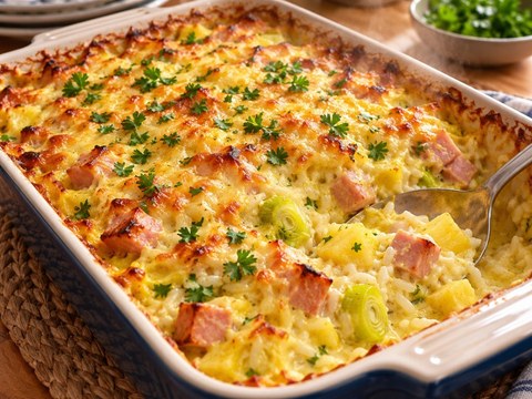 Krämig kasslergratäng med ris och curry