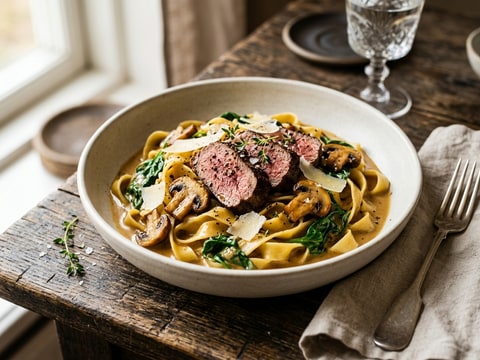 Krämig oxfilépasta med champinjoner och dijon