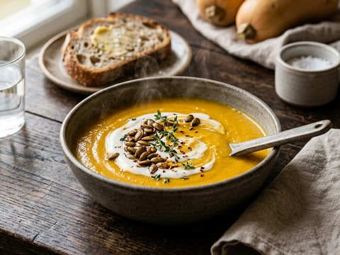 Krämig pumpasoppa med ingefära och rostade pumpakärnor