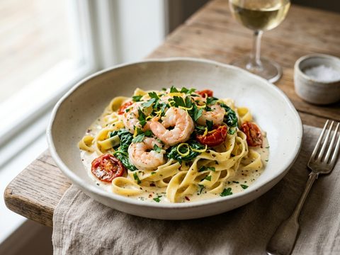 Krämig räkpasta med vitlök, vitt vin och chili