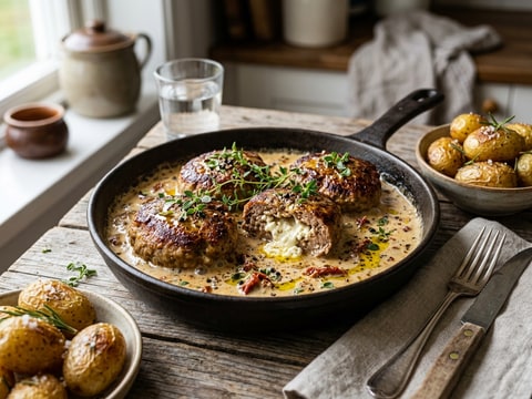 Krämiga färsbiffar med fetaost och soltorkade tomater