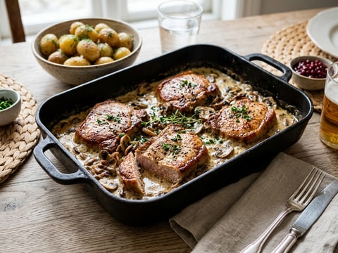 Krämiga fläskkotletter i ugn med champinjoner och gräddsås