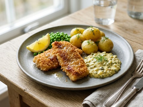 Krispig panerad fisk med remouladsås