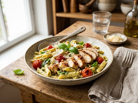 Krämig kycklingpasta med pesto & cocktailtomater