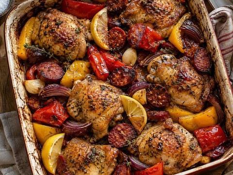 Kycklinglårfilé i ugn med chorizo och paprika