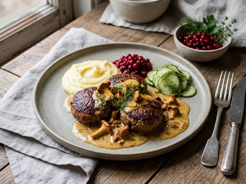 Saftiga viltbiffar med kantarellsås och rårörda lingon