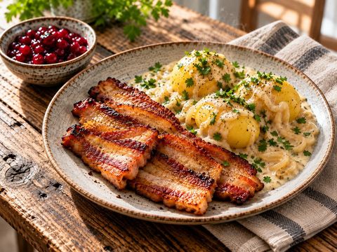 Stekt fläsk med löksås och kokt potatis