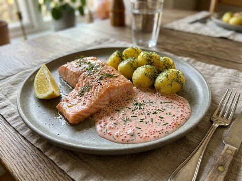 Ugnsbakad lax med romsås och dillpotatis