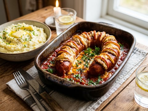 Ugnsstekt falukorv med potatismos
