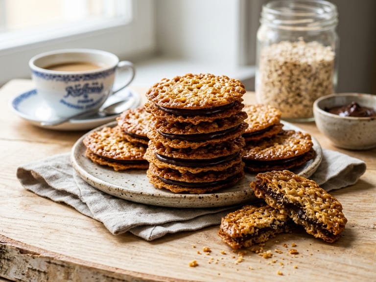Dubbla knäckiga havreflarn med chokladkräm