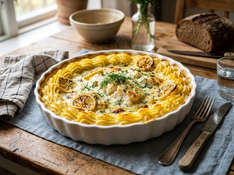 Klassisk enkel fiskgratäng med torsk och dillsås