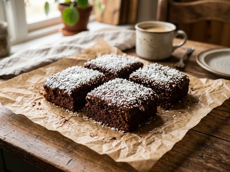 Kärleksmums i långpanna med mockaglasyr och kokos