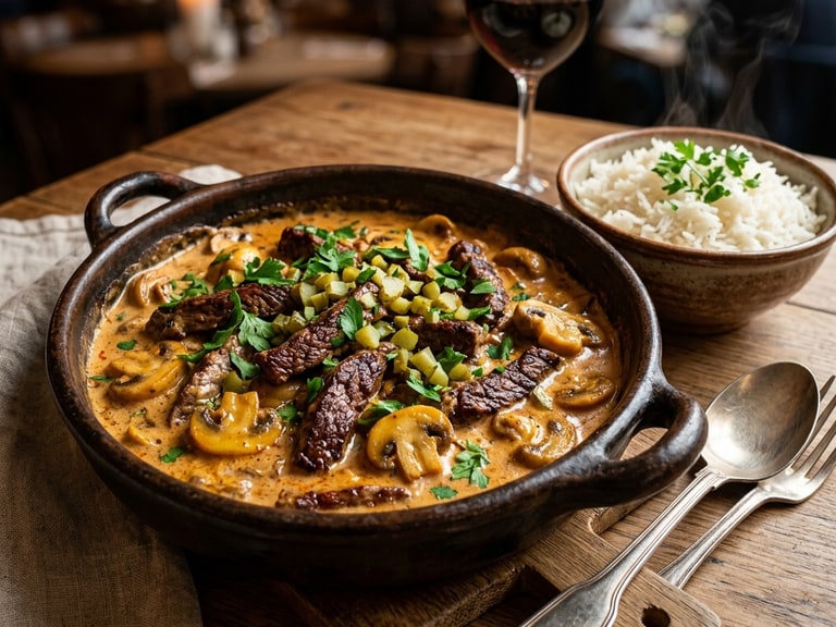Klassisk biff stroganoff med ris