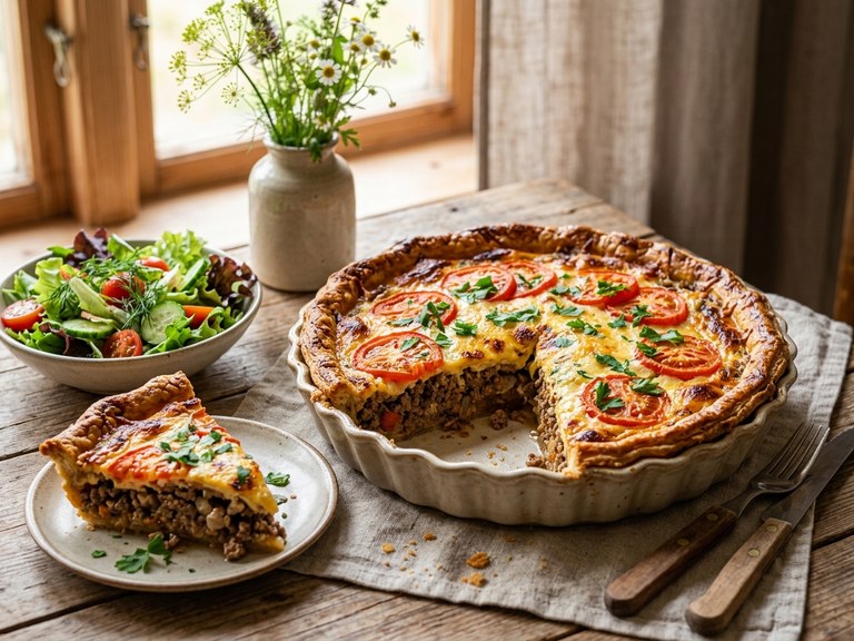 Klassisk köttfärspaj med ost och tomat