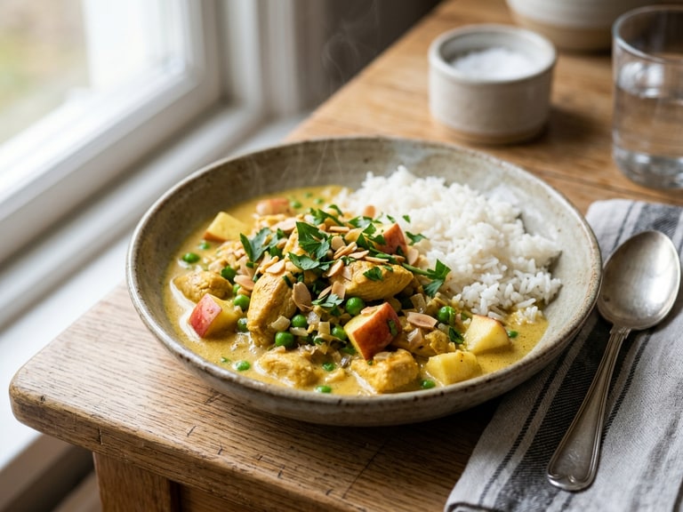 Klassisk kycklingcurry med ris och äpple