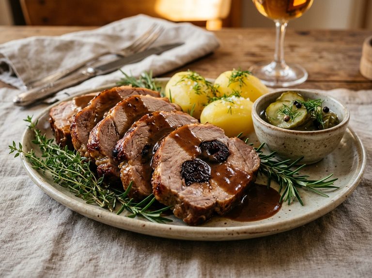 Klassisk plommonspäckad fläskkarré med gräddsås och pressgurka