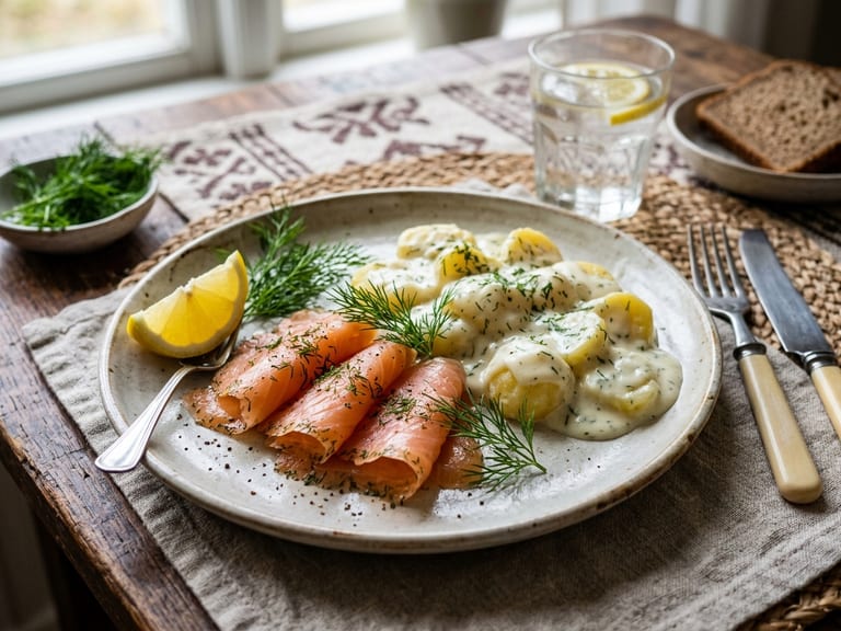Klassisk rimmad lax med stuvad dillpotatis och citron