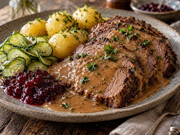 Klassisk slottsstek med gräddsås och pressgurka