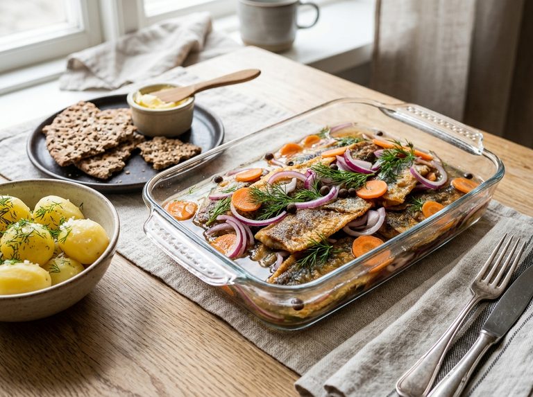 Klassisk stekt inlagd strömming med rödlök och kryddpeppar