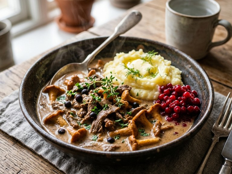 Krämig Älgskavsgryta med Kantareller, Enbär & Messmör