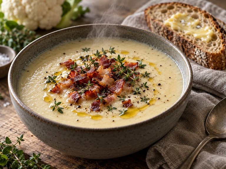 Krämig blomkålssoppa med knaperstekt bacon och timjan