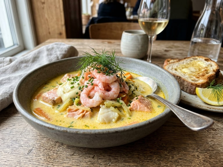 Krämig fisksoppa med saffran, lax och räkor