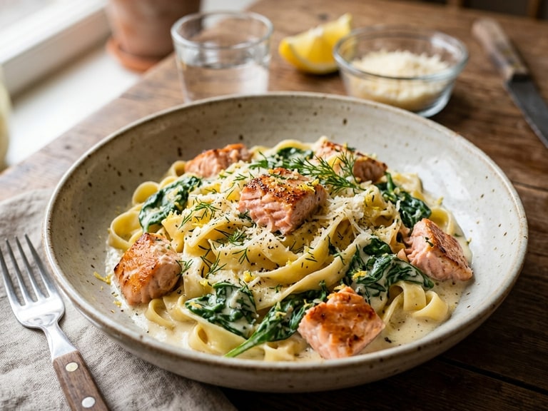 Krämig laxpasta med citron och spenat