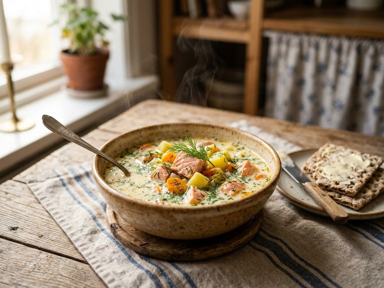 Klassisk krämig laxsoppa med dill och potatis