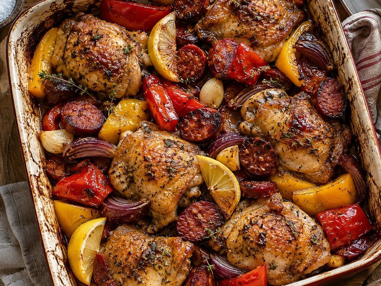 Kycklinglårfilé i ugn med chorizo och paprika